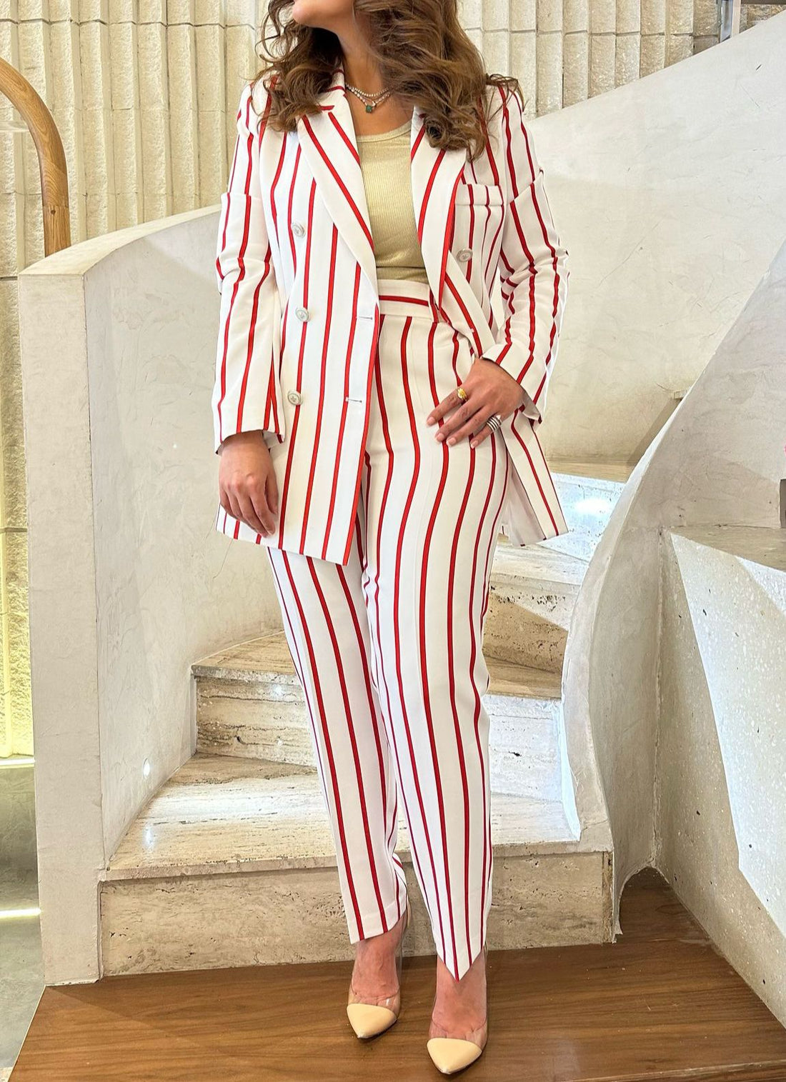 53-5145 Zippered Two Buttoned Slim Cut Red Striped Pants - Brown Loft