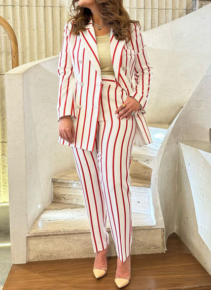 53-5145 Zippered Two Buttoned Slim Cut Red Striped Pants - Brown Loft