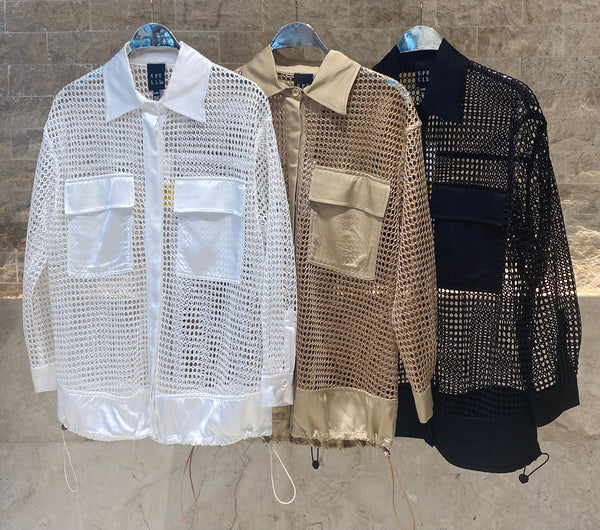 53-1027  Fishnet Long Bomber Jacket جاكيت بومبر طويل من قماش شبكي
