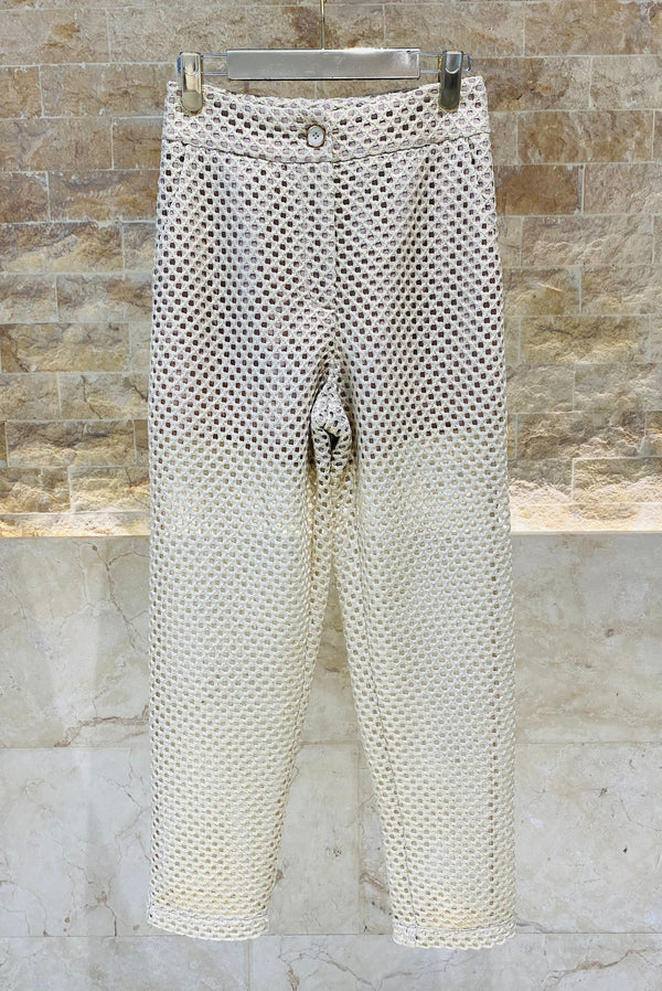 Buttoned Zippered High Waist Perforated Metallic Pants - 53-5128
