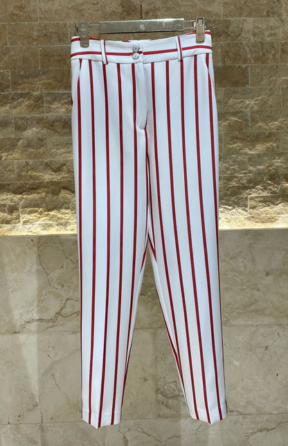 53-5145 Zippered Two Buttoned Slim Cut Red Striped Pants - Brown Loft