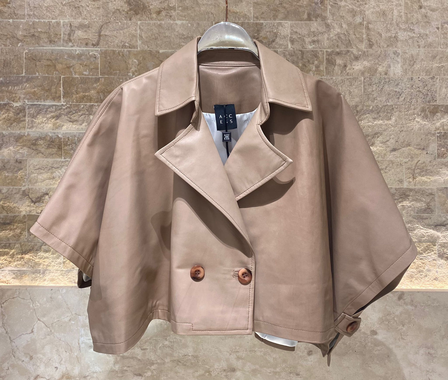 53-9303 Double Breasted Cape Cropped Leather Jacket - Brown Loft