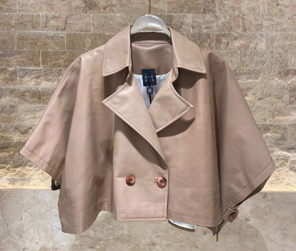 53-9303 Double Breasted Cape Cropped Leather Jacket - Brown Loft