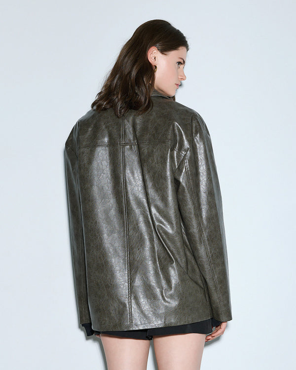 54-1028 Faux Leather Oversized Jacket جاكيت كبير الحجم من الجلد الصناعي
