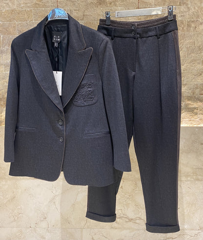 54-1056/5026 Collar Buttoned Jacket and Pant سترة وبنطال بأزرار وياقة - Brown Loft