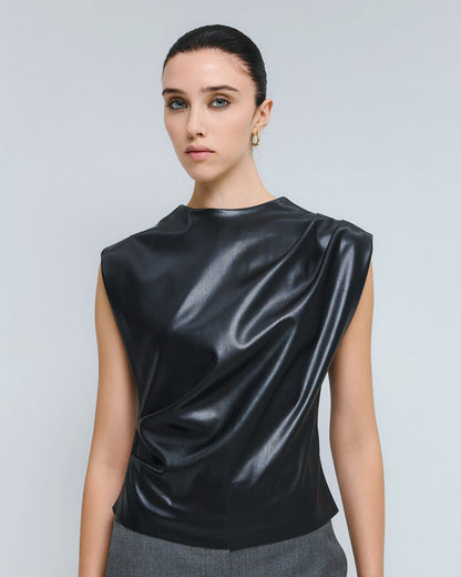 54-2036 Faux Leather Top with Pleats - Brown Loft