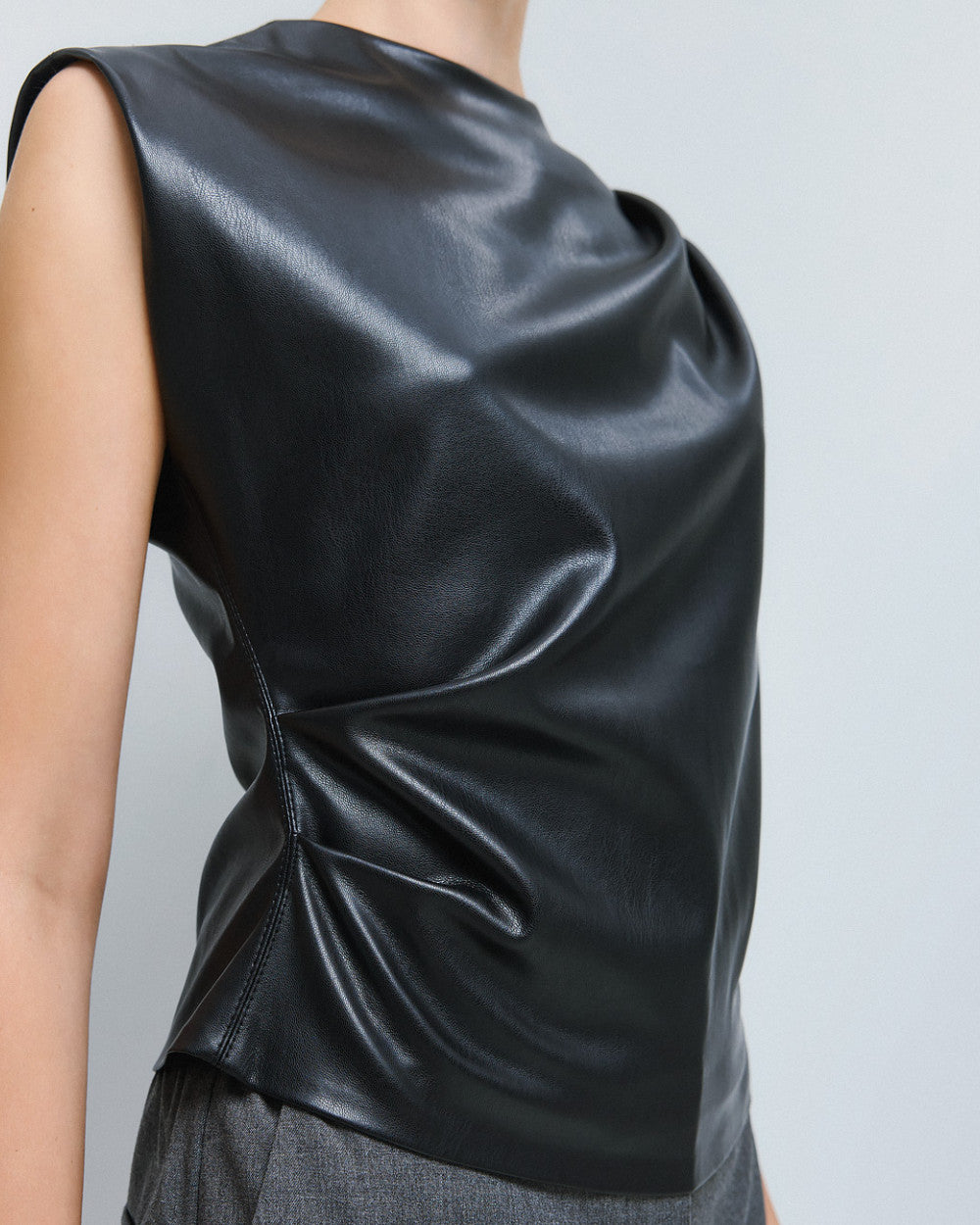 54-2036 Faux Leather Top with Pleats - Brown Loft