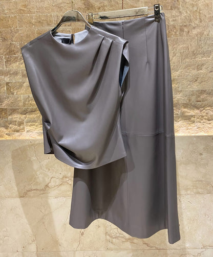 54-2036/6017 Faux Leather Top with Long Skirt - Brown Loft