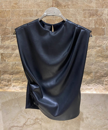 54-2036 Faux Leather Top with Pleats - Brown Loft