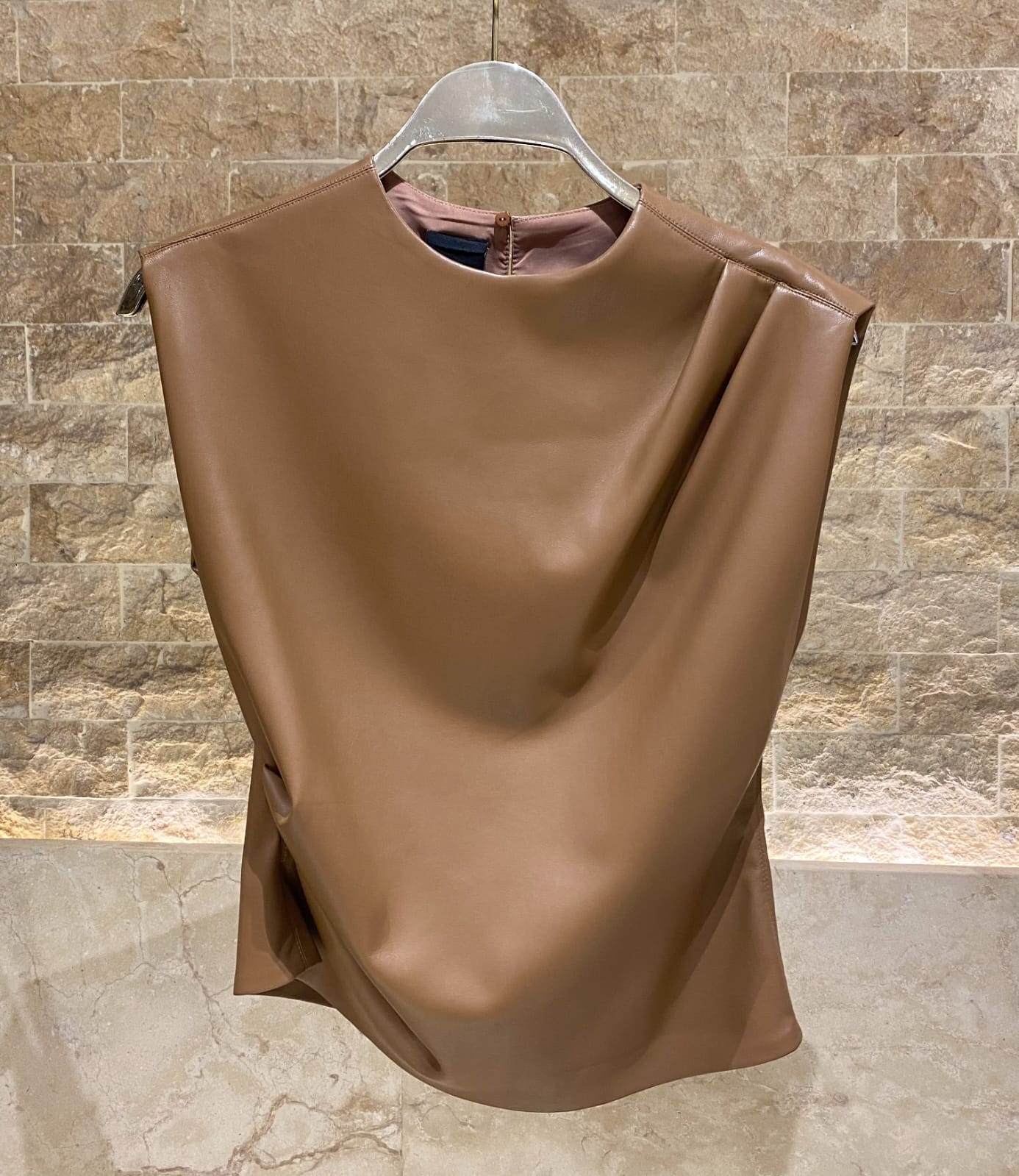 54-2036 Faux Leather Top with Pleats - Brown Loft