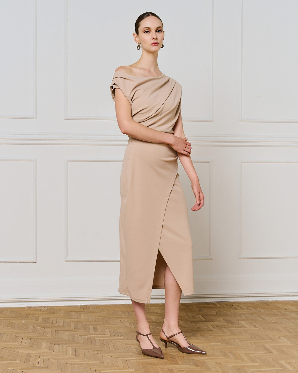 54-3351 Off Shoulder Midi Pencil Dress - Brown Loft