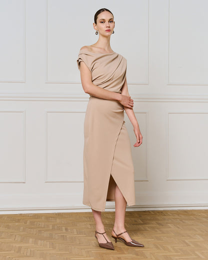 54-3351 Off Shoulder Midi Pencil Dress - Brown Loft