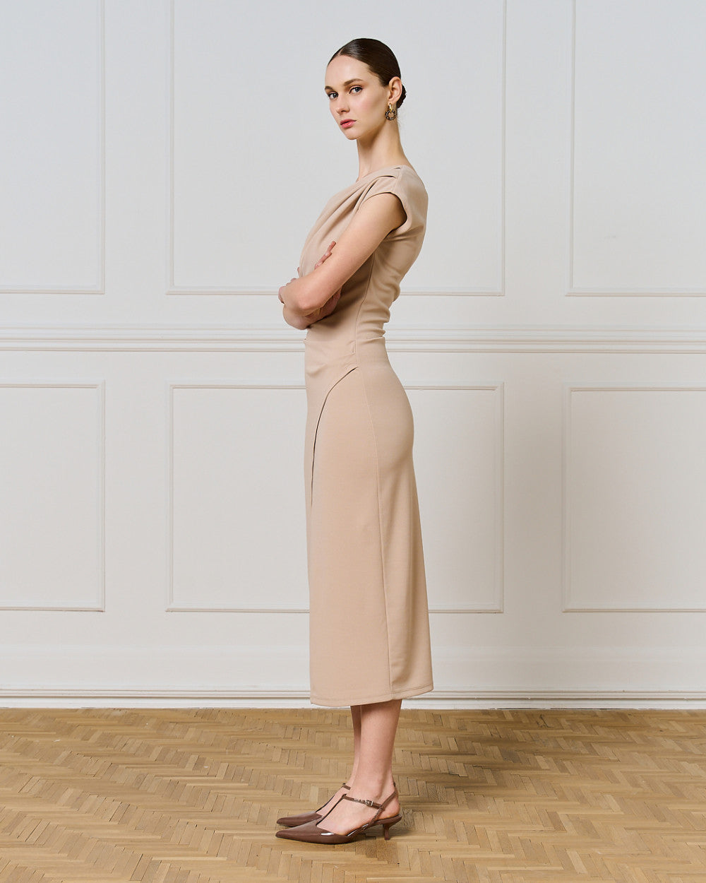 54-3351 Off Shoulder Midi Pencil Dress - Brown Loft