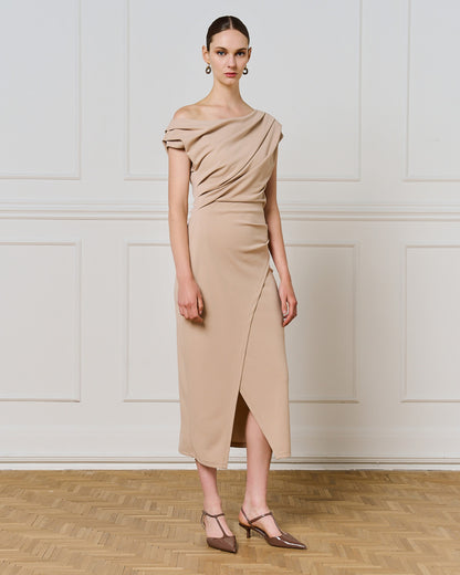 54-3351 Off Shoulder Midi Pencil Dress - Brown Loft