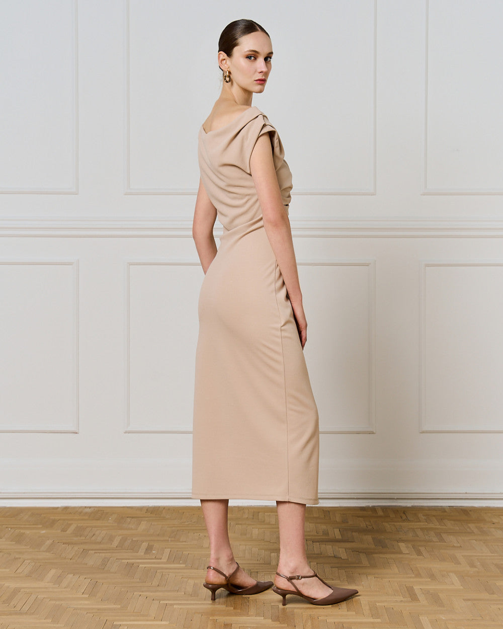 54-3351 Off Shoulder Midi Pencil Dress - Brown Loft