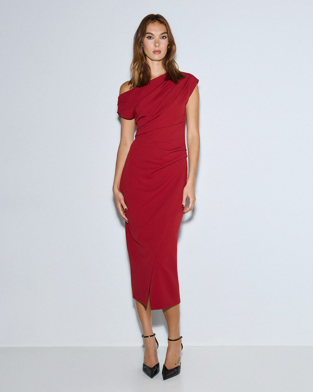 54-3351 Off Shoulder Midi Pencil Dress - Brown Loft
