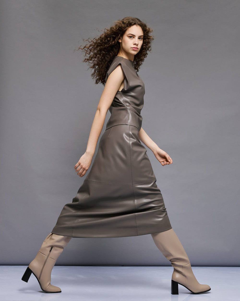 54-2036/6017 Faux Leather Top with Long Skirt - Brown Loft