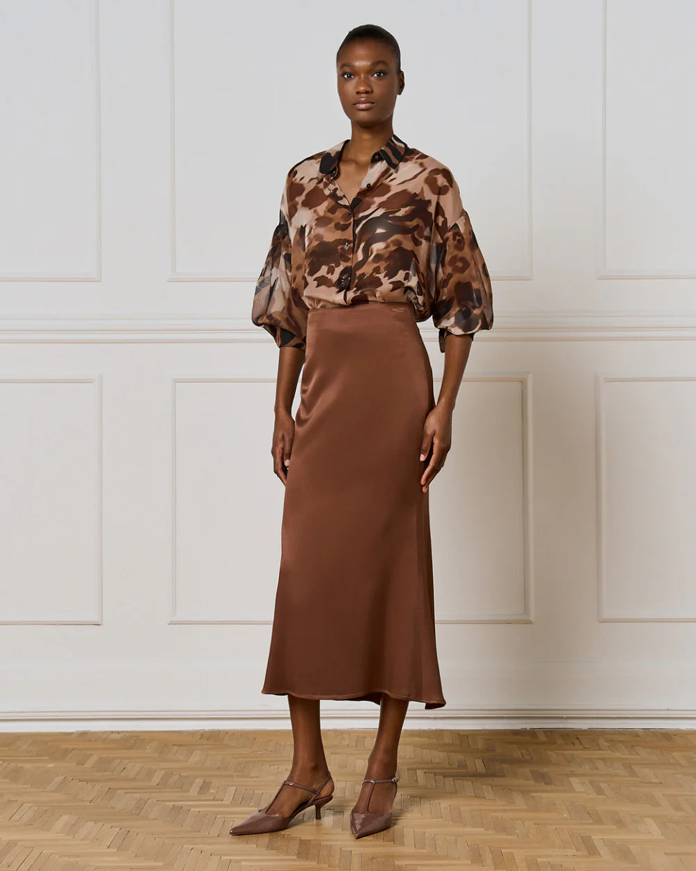Midi Satin Skirt 54-6026 Regular Fit - Brown Loft