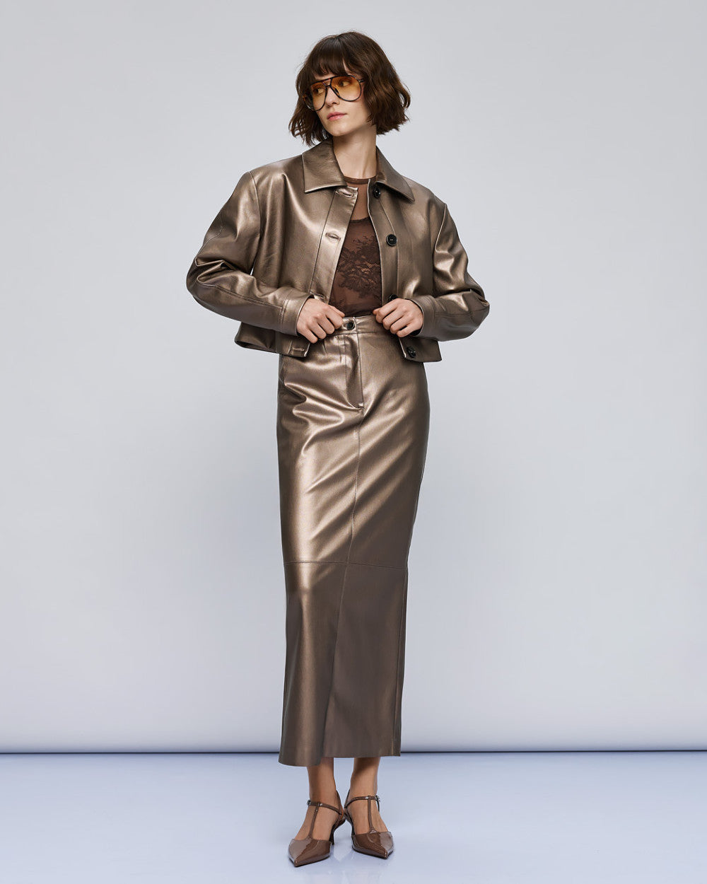 54-1071/6051 Faux Leather Jacket and Skirts Set - Brown Loft