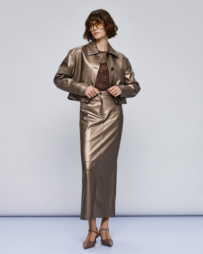 54-1071/6051 Faux Leather Jacket and Skirts Set - Brown Loft