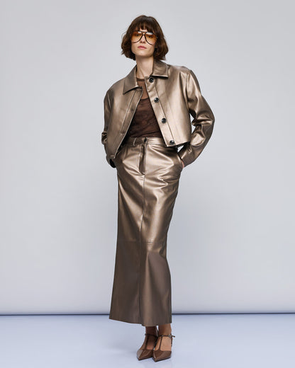 54-1071/6051 Faux Leather Jacket and Skirts Set - Brown Loft