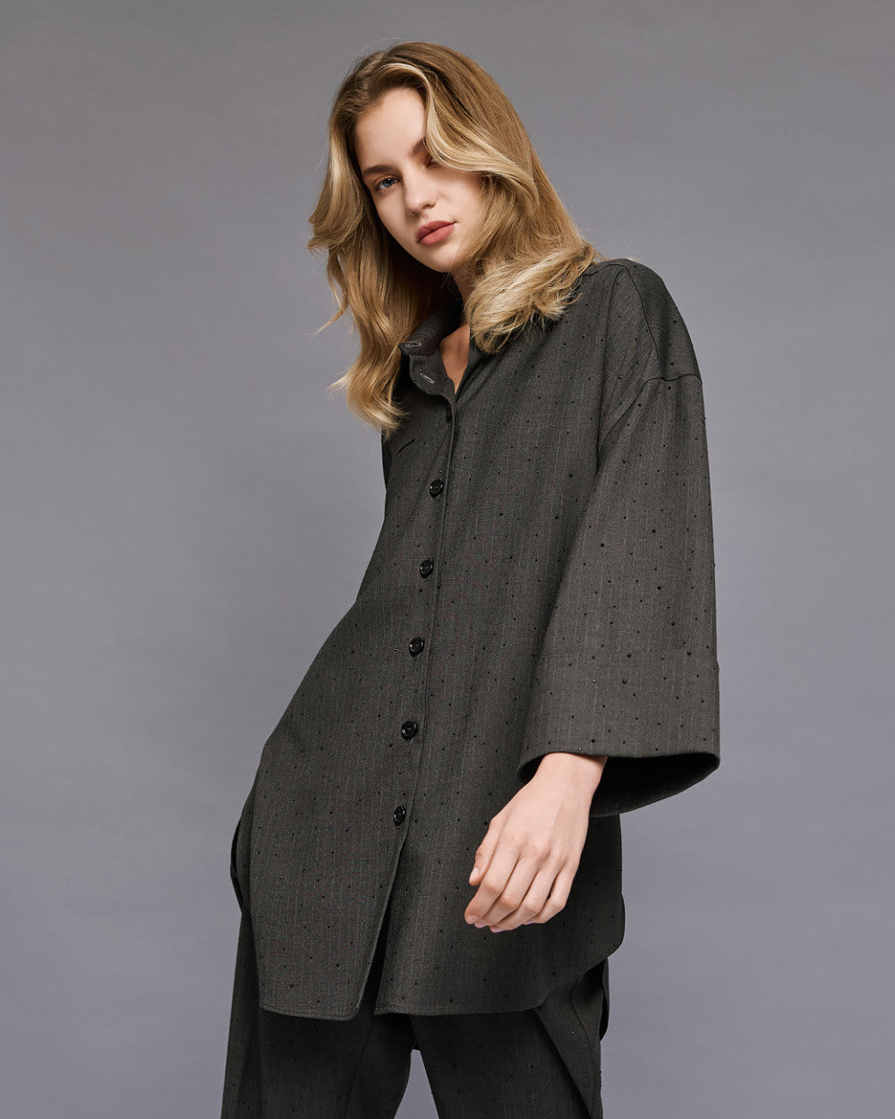 54-7054 Long Shirt with rhinestone قميص طويل بحجر الراين - Brown Loft