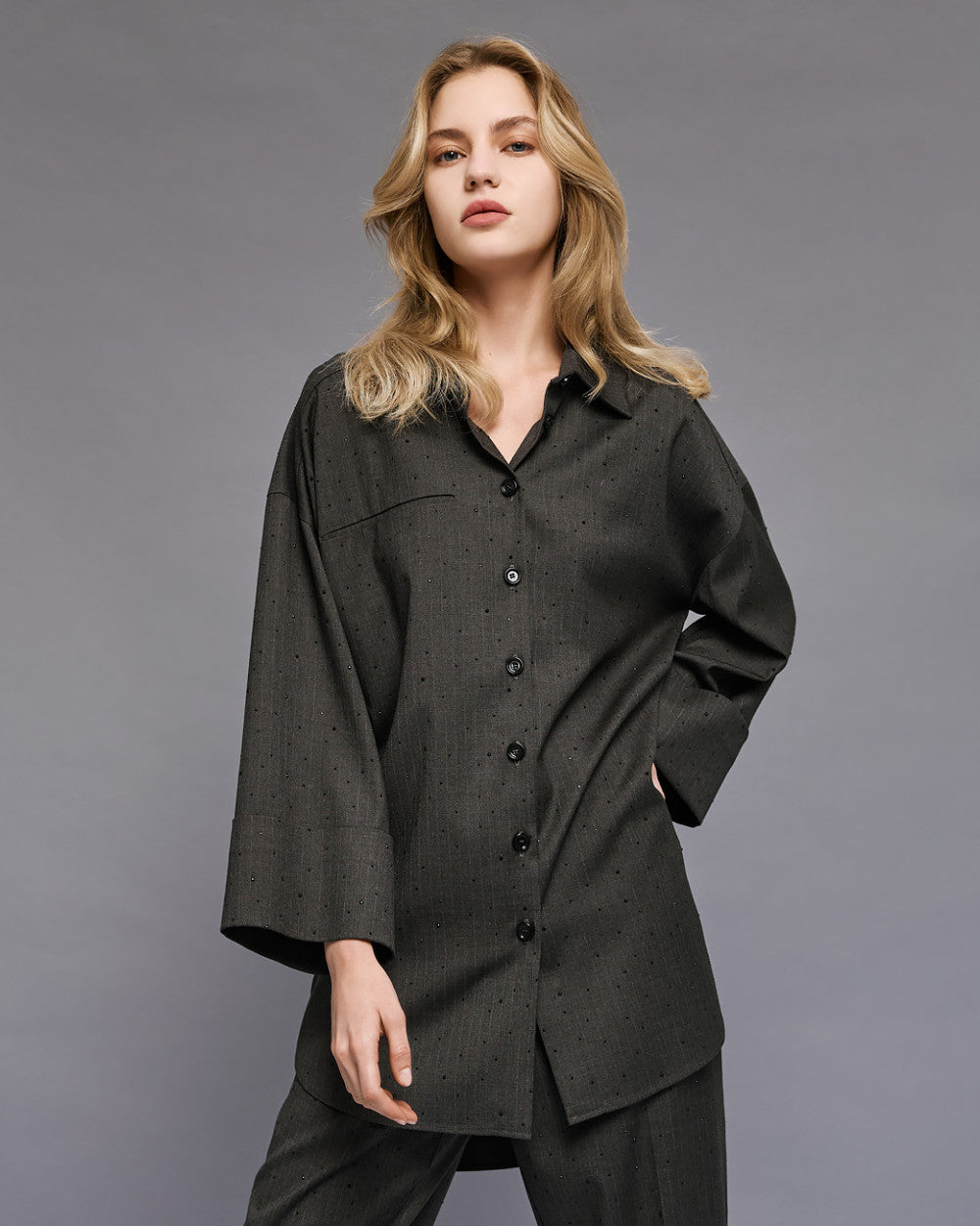 54-7054 Long Shirt with rhinestone قميص طويل بحجر الراين - Brown Loft
