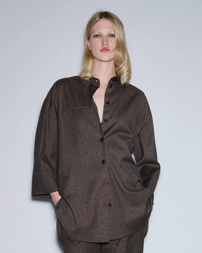 54-7054 Long Shirt with rhinestone قميص طويل بحجر الراين - Brown Loft