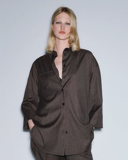 54-7054 Long Shirt with rhinestone قميص طويل بحجر الراين - Brown Loft