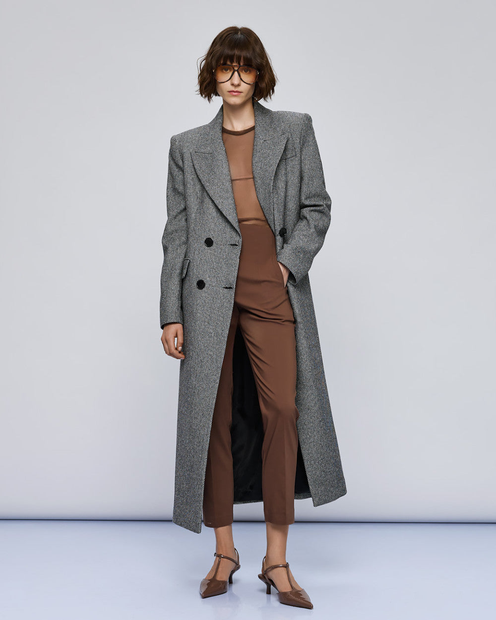 54-9002 Herringbone Weave Long Coat - Brown Loft