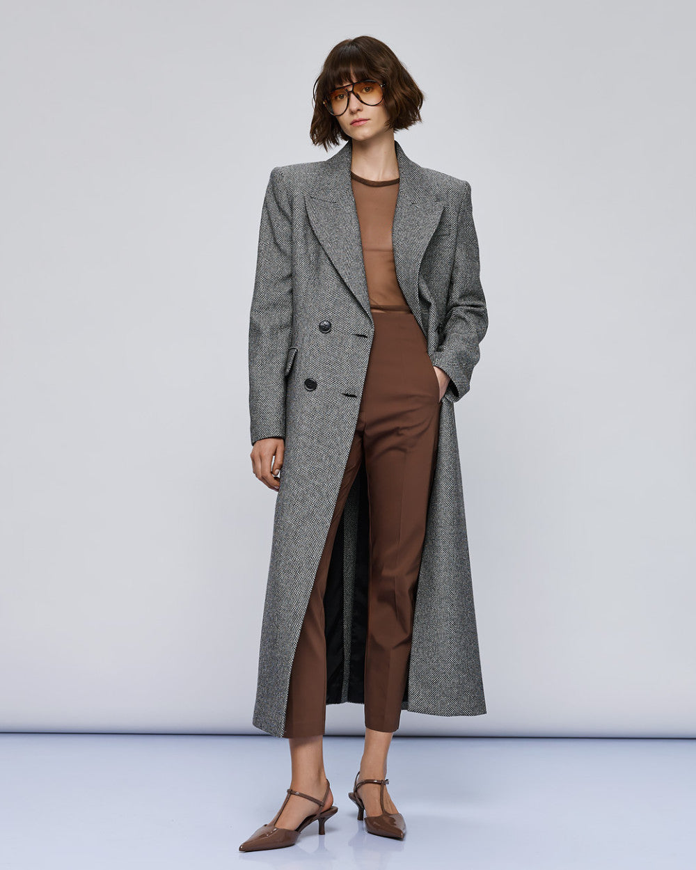 54-9002 Herringbone Weave Long Coat - Brown Loft