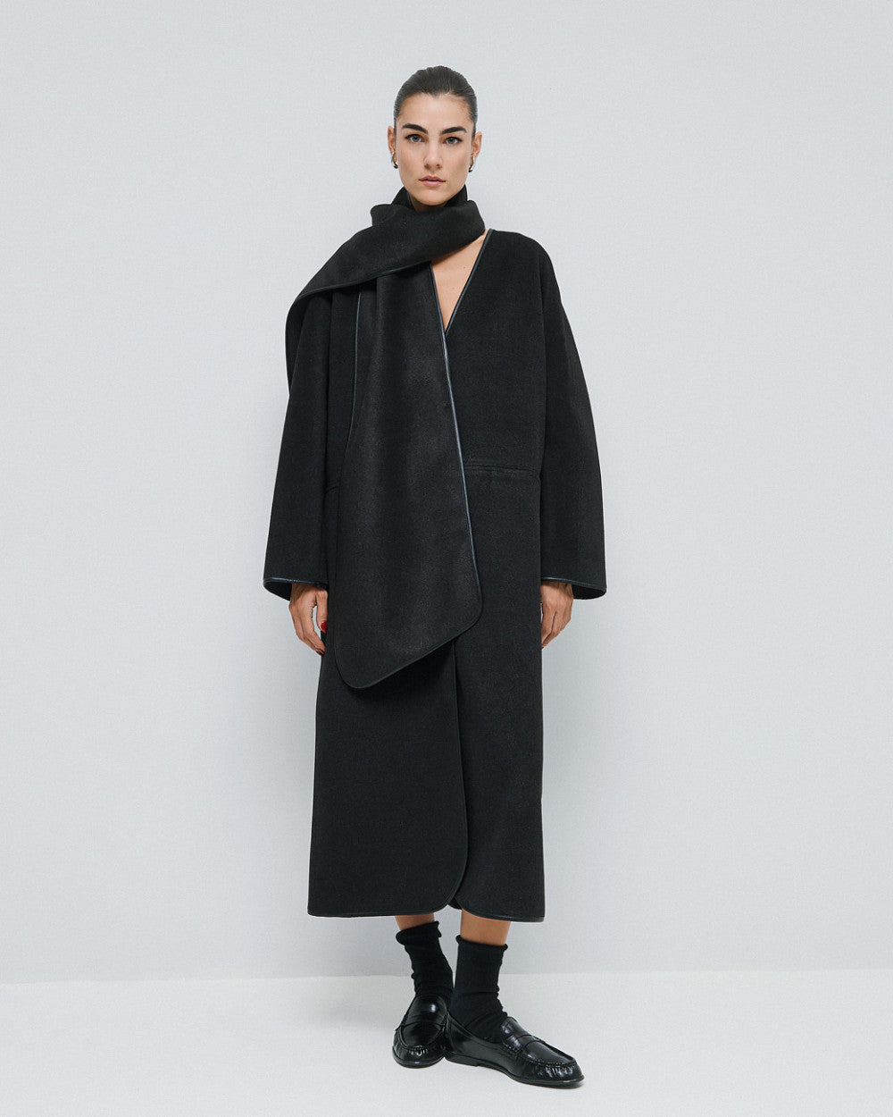 54-9009 Stylish Coat with Detachable Scarf - Brown Loft