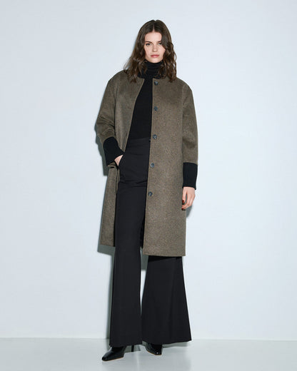 54-9014 Ribbed Neckline Buttoned Long Coat - Brown Loft