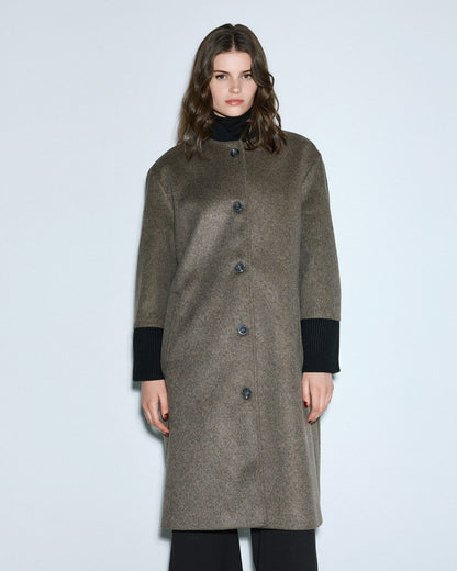 54-9014 Ribbed Neckline Buttoned Long Coat - Brown Loft