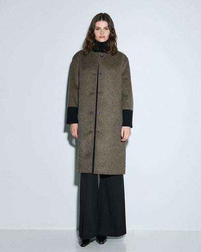 54-9014 Ribbed Neckline Buttoned Long Coat - Brown Loft