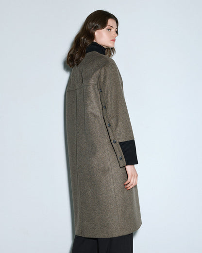 54-9014 Ribbed Neckline Buttoned Long Coat - Brown Loft
