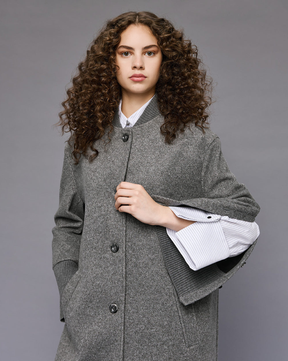 54-9014 Ribbed Neckline Buttoned Long Coat - Brown Loft