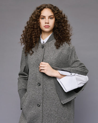 54-9014 Ribbed Neckline Buttoned Long Coat - Brown Loft