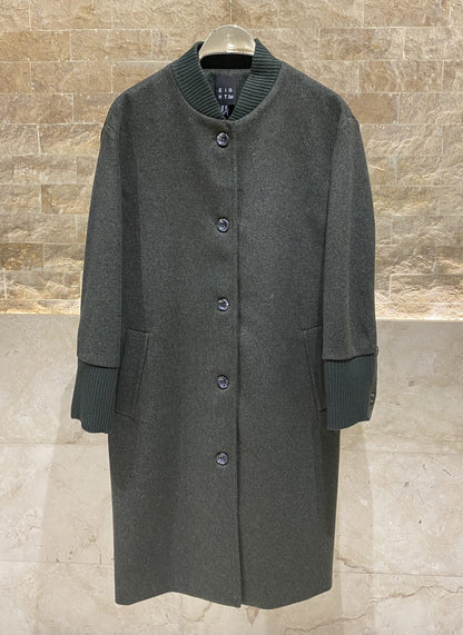 54-9014 Ribbed Neckline Buttoned Long Coat - Brown Loft