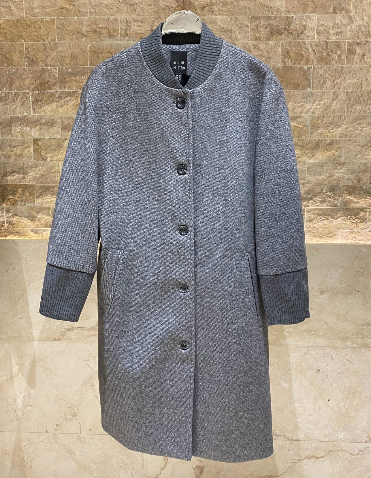 54-9014 Ribbed Neckline Buttoned Long Coat - Brown Loft