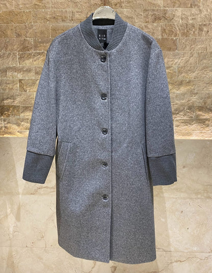 54-9014 Ribbed Neckline Buttoned Long Coat - Brown Loft