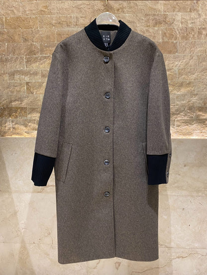 54-9014 Ribbed Neckline Buttoned Long Coat - Brown Loft