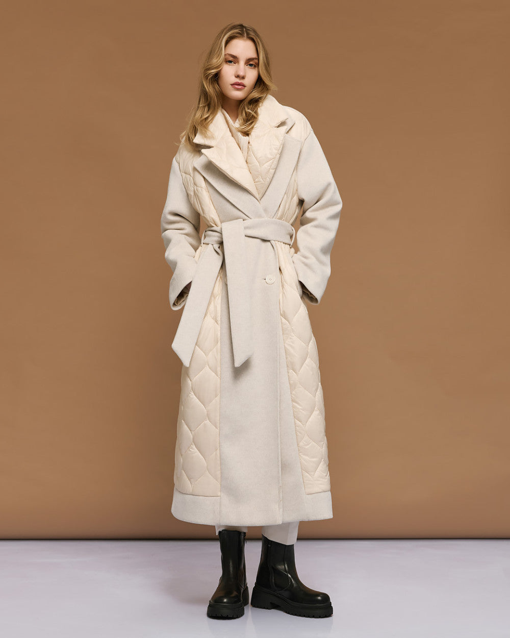 54-9017 Double Breasted Long Quilted Coat - Brown Loft