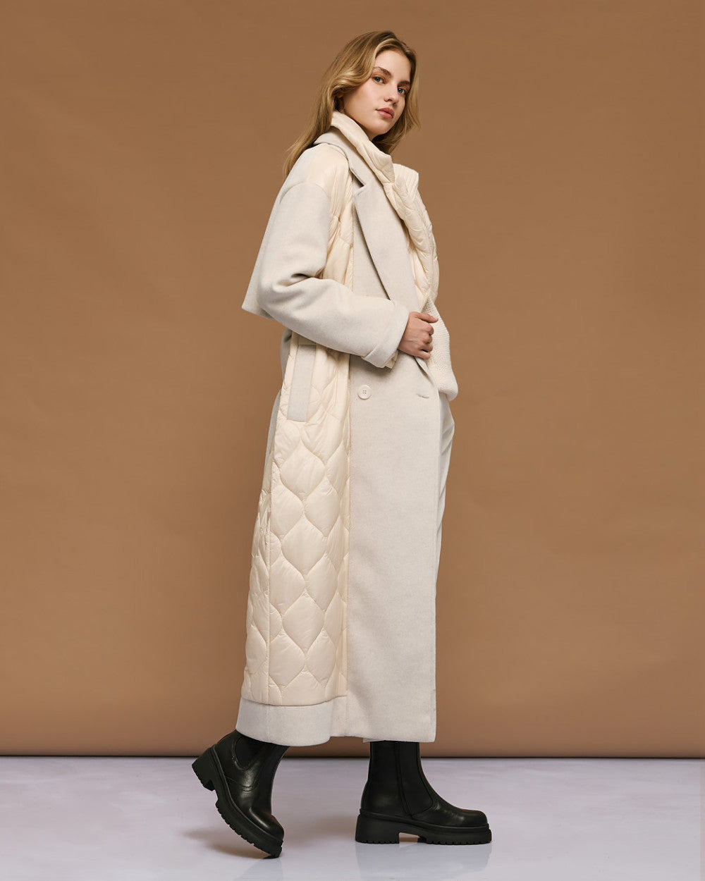 54-9017 Double Breasted Long Quilted Coat - Brown Loft