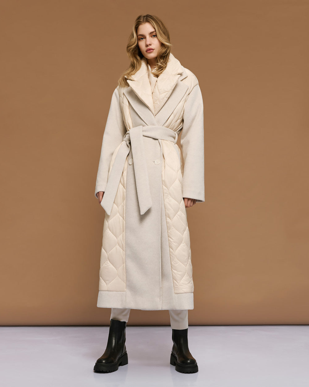 54-9017 Double Breasted Long Quilted Coat - Brown Loft