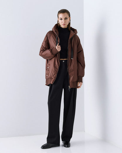 54-9130 Hoodie Puffer Long Jacket - Brown Loft