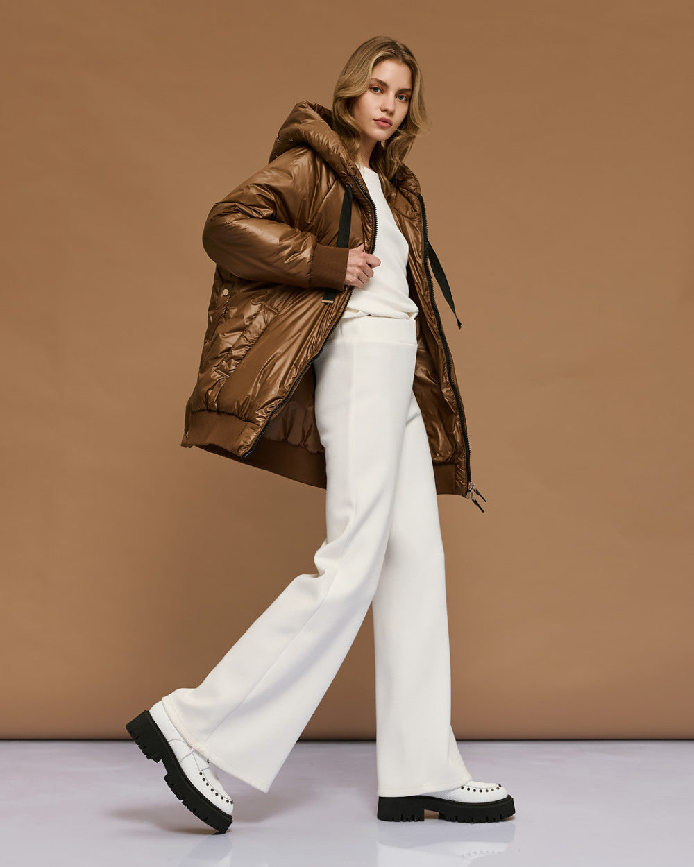 54-9130 Hoodie Puffer Long Jacket - Brown Loft