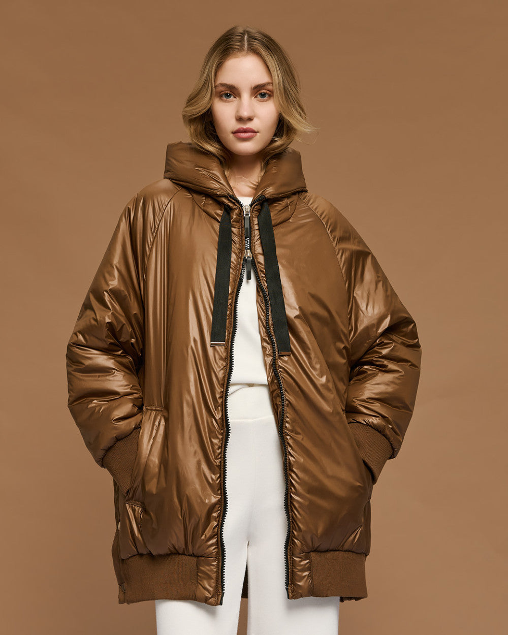54-9130 Hoodie Puffer Long Jacket - Brown Loft