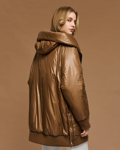 54-9130 Hoodie Puffer Long Jacket - Brown Loft