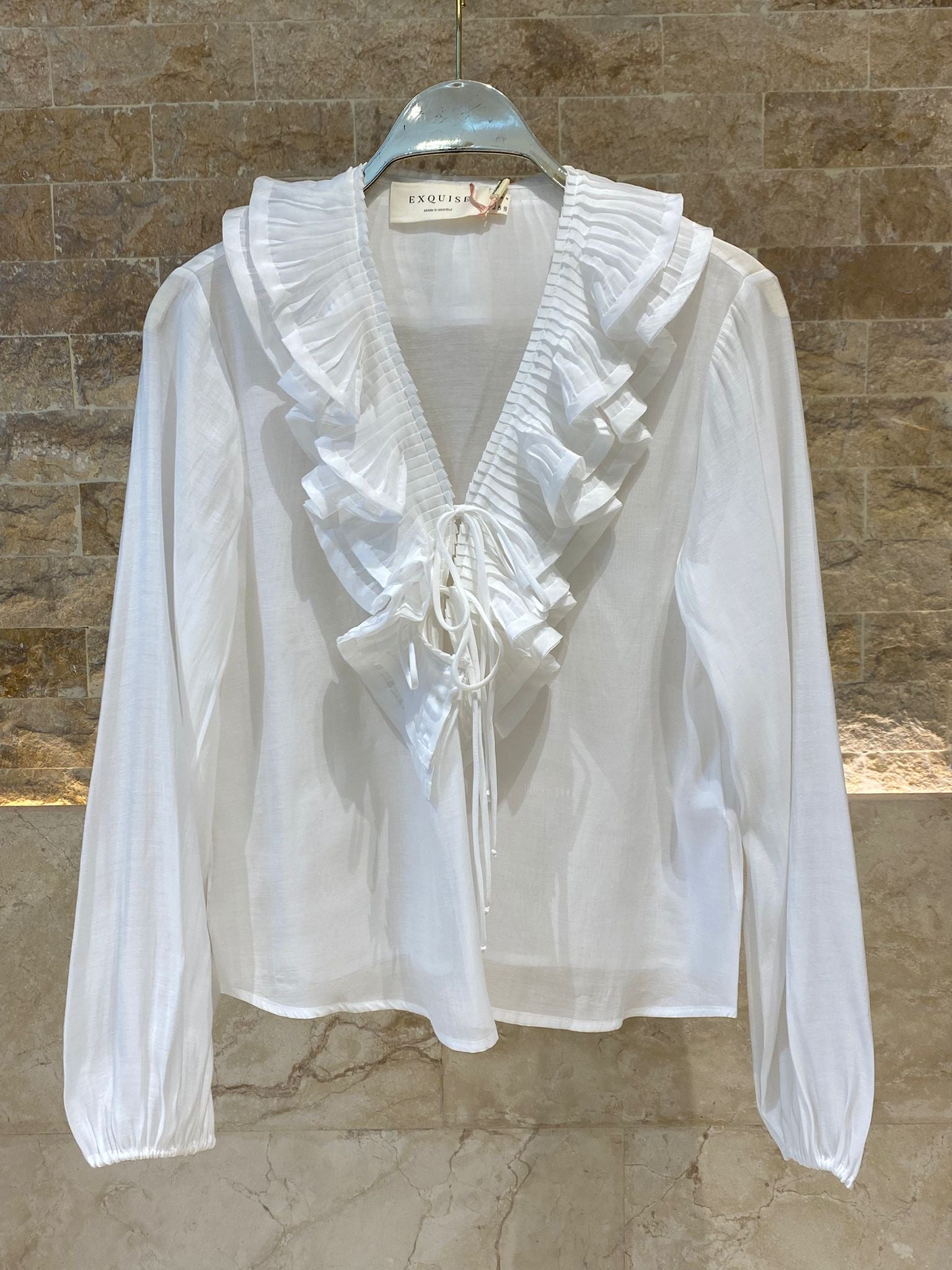 6207004 Pleated Ruffled Collared Top بلوزة شفافة مكشكشة بياقة مطوية - Brown Loft